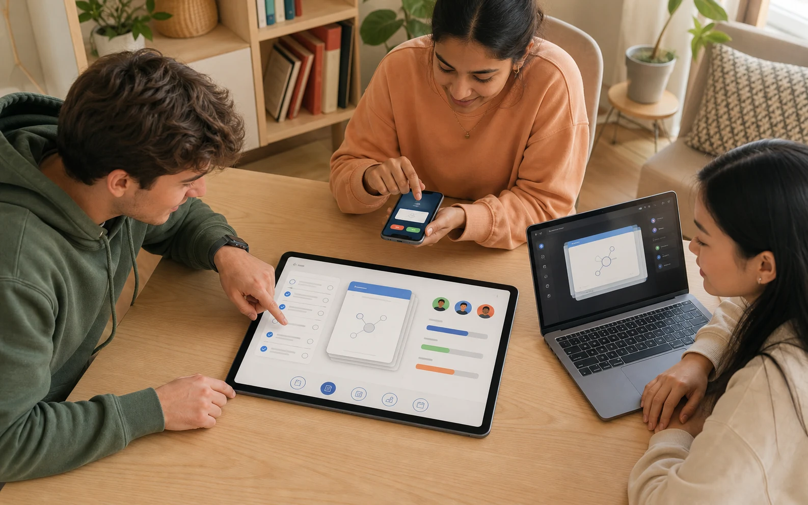 Three students using a shared digital flashcard dashboard on connected devices