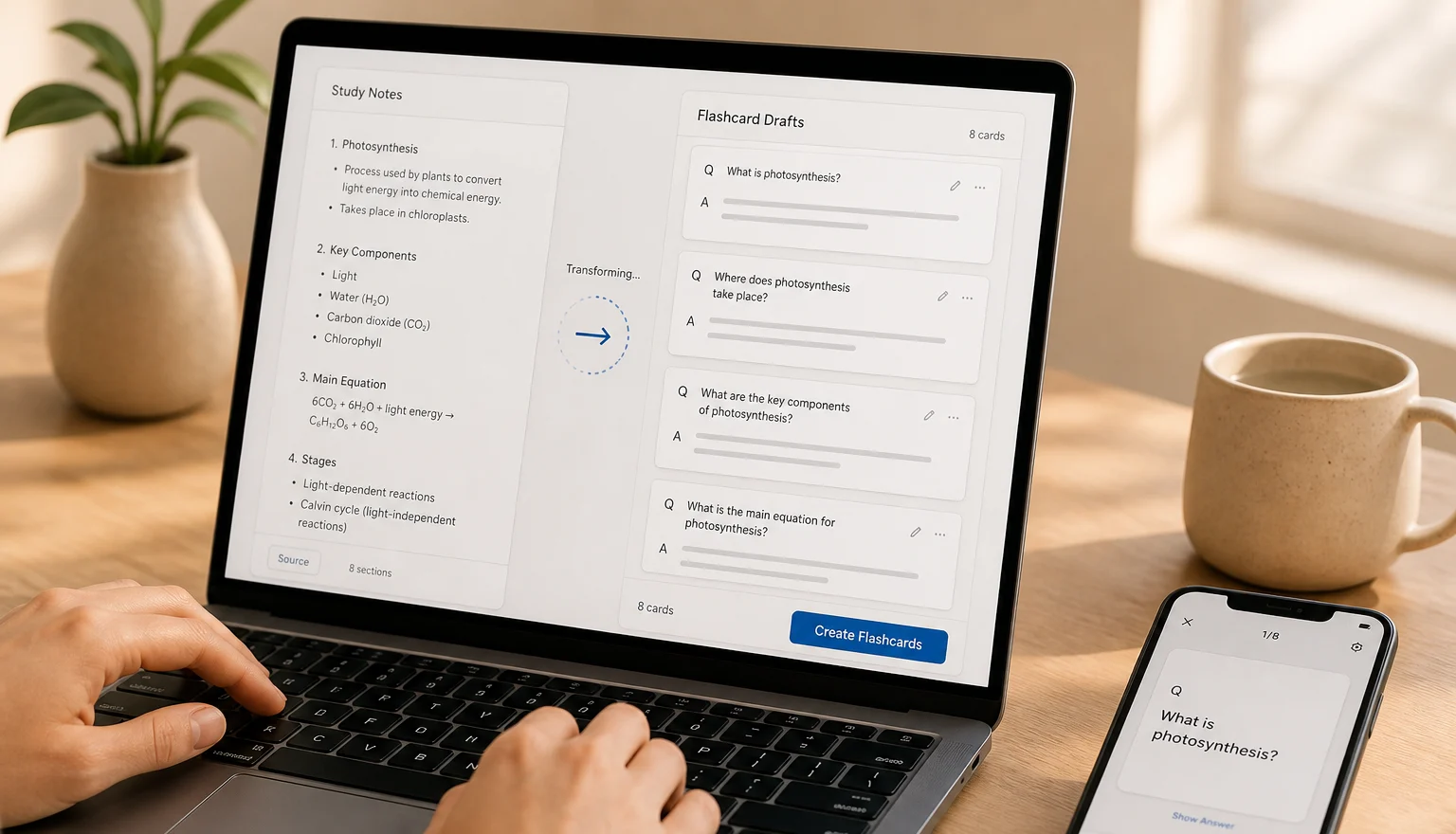 Study notes becoming editable digital flashcards on a laptop, with a recall card open on a phone